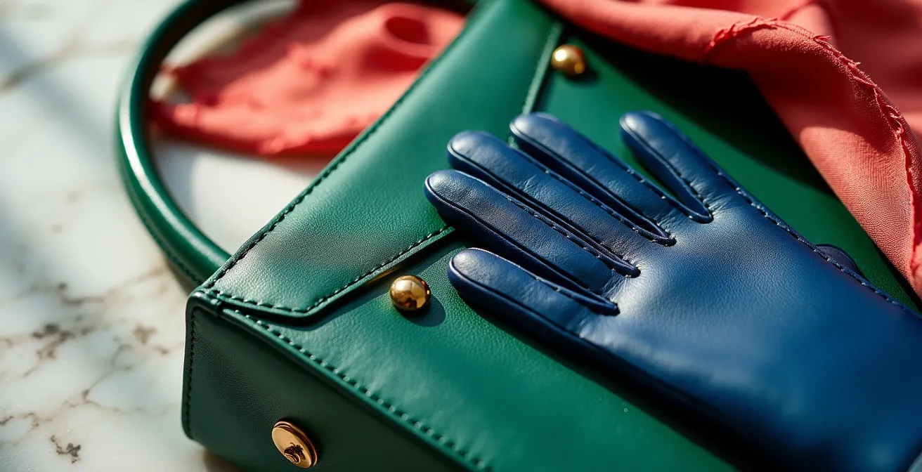 Detailaufnahme von farbenfrohen Accessoires wie einer grünen Handtasche und einem blauen Handschuh.