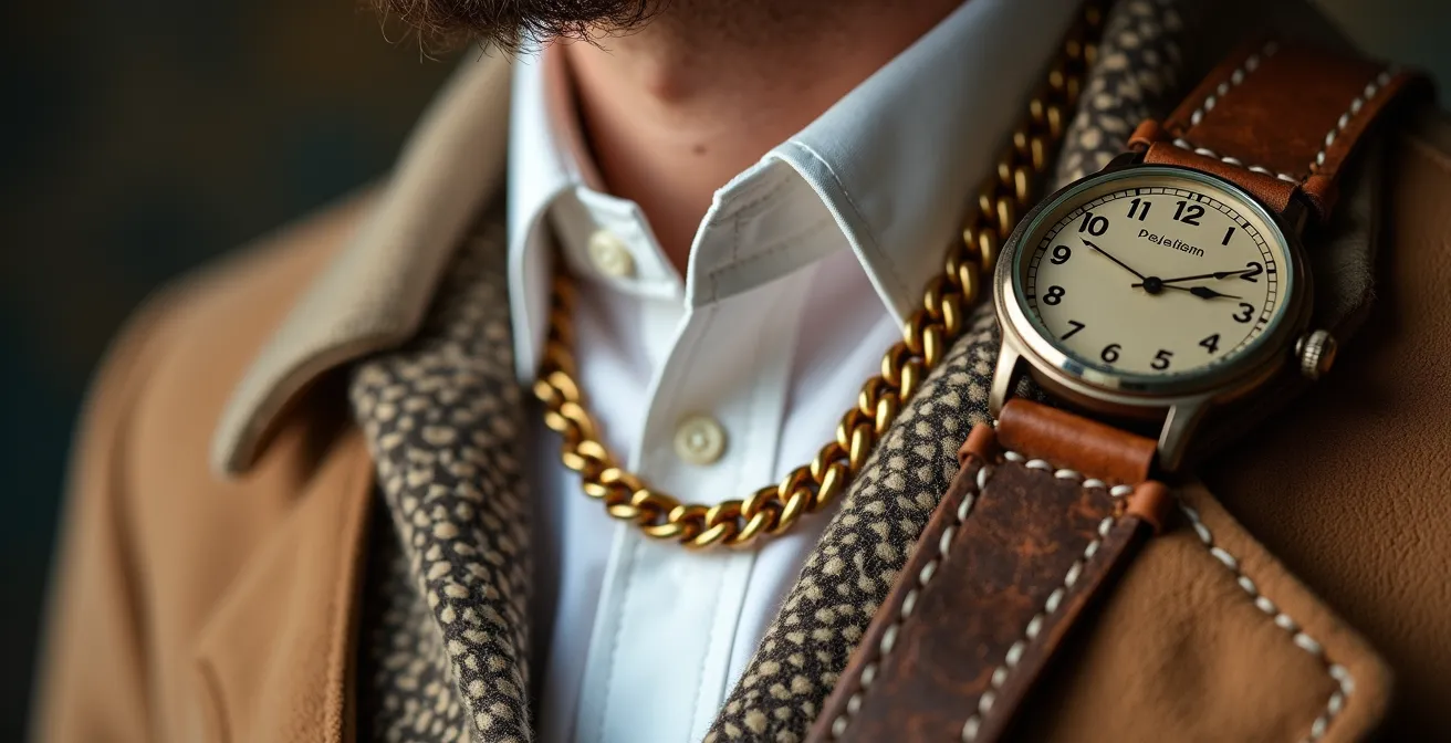 Detailaufnahme von Statement-Accessoires die einen minimalistischen Look aufwerten