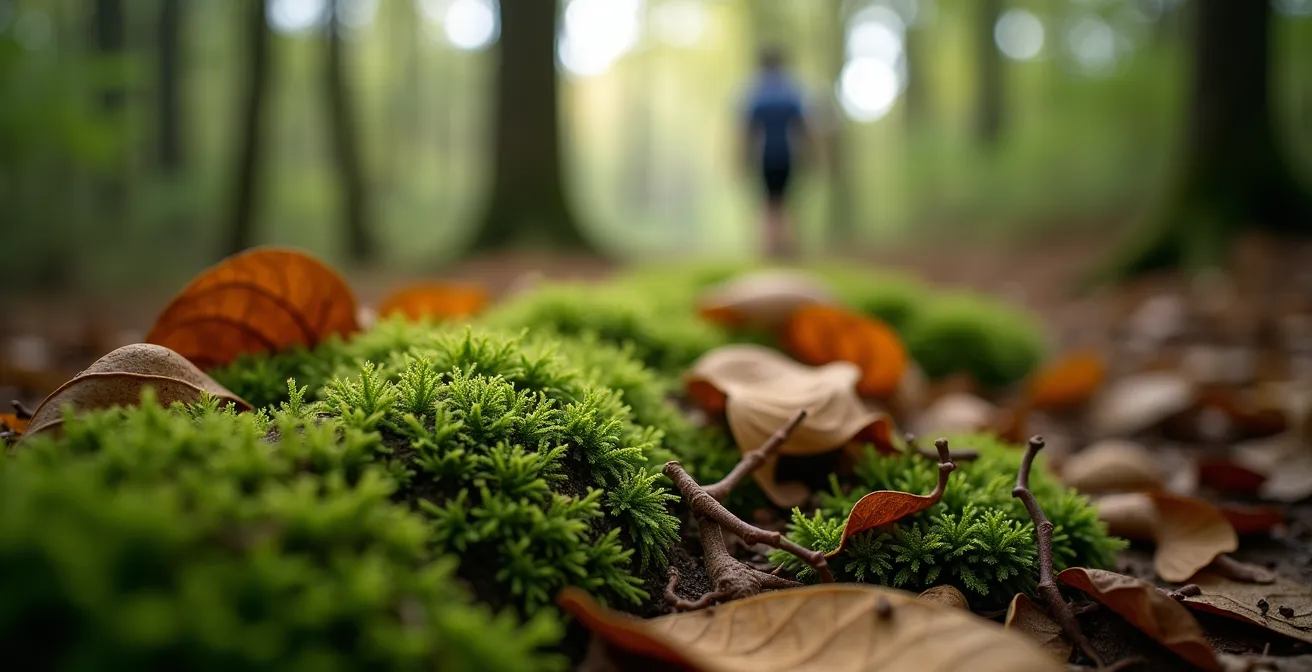 Person beim meditativen Waldspaziergang auf gewundenem Pfad zwischen hohen Bäumen