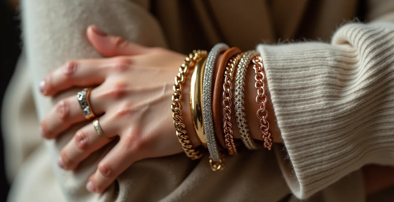 Kunstvolle Kombination verschiedener Armbänder in unterschiedlichen Texturen und Breiten an einem Handgelenk.