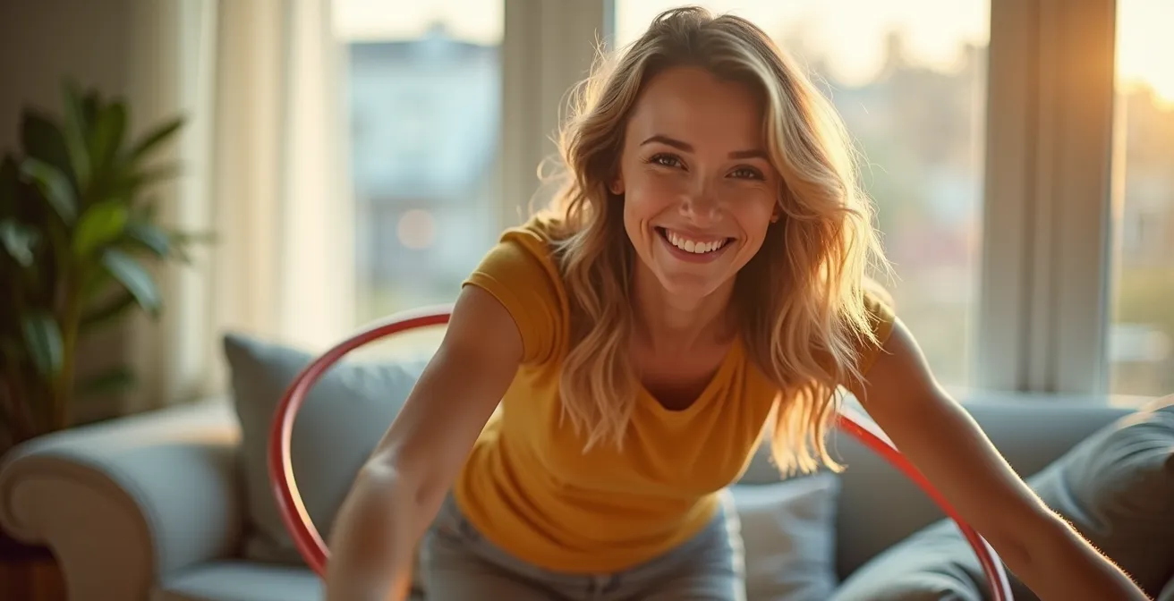 Person probiert spielerisch verschiedene Bewegungsformen in hellem Raum aus