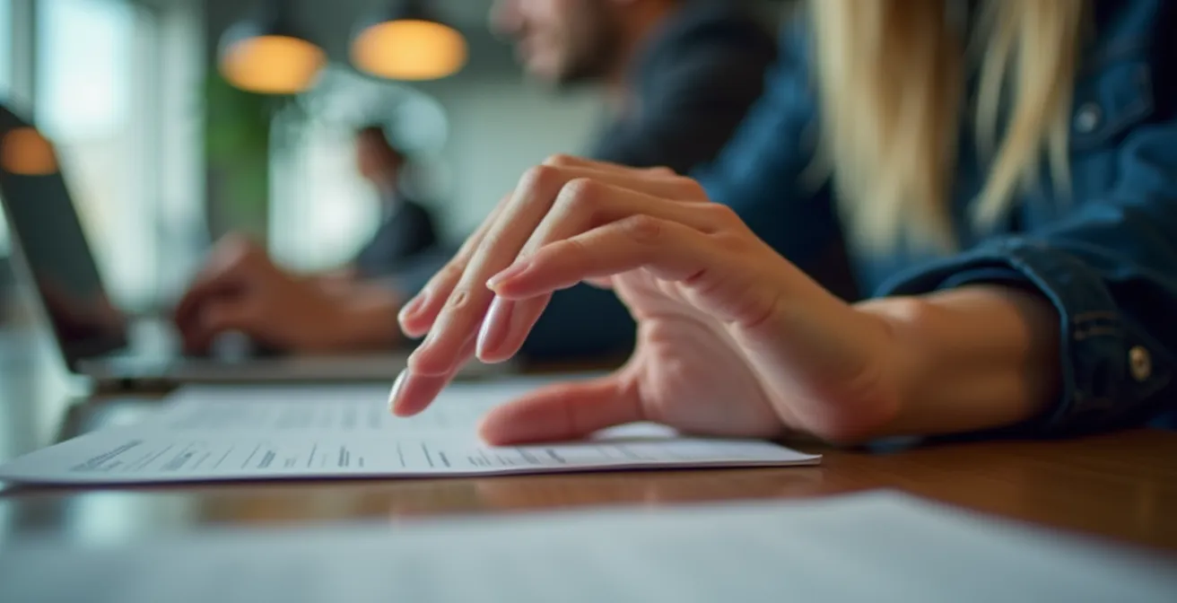 Makroaufnahme von Händen an einem Schreibtisch während einer kurzen Dehnübung