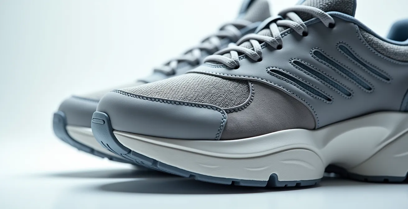 Künstlerische Makroaufnahme eines klobigen Dad Sneakers mit komplexen Materialschichten