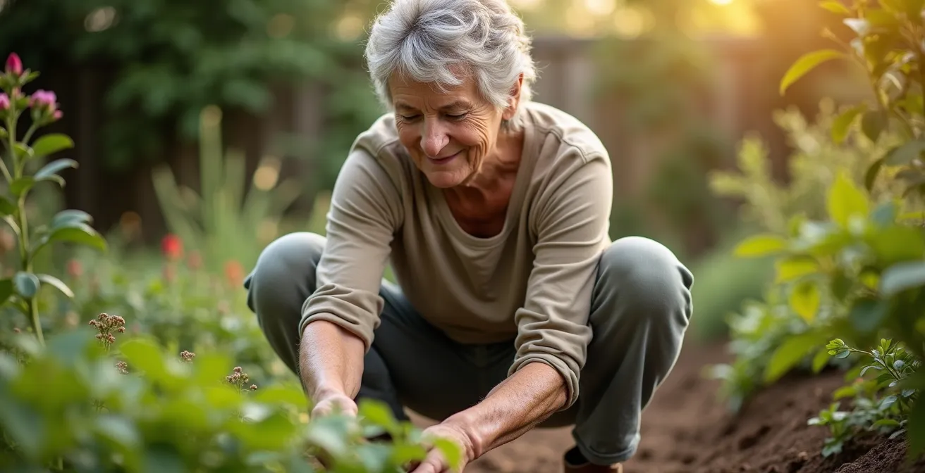 Person mittleren Alters demonstriert eine funktionale Bewegung wie eine Kniebeuge bei der Gartenarbeit