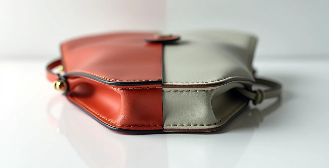 Nahaufnahme von Handtaschendetails die Qualitätsunterschiede zeigen