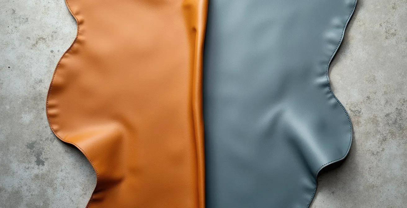 Vergleich von pflanzlich und chromgegerbtem Leder mit charakteristischen Farbtönen