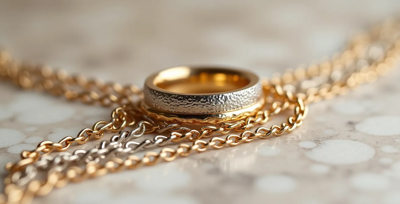 Harmonischer Mix aus Gold- und Silberschmuck auf elegantem Hintergrund