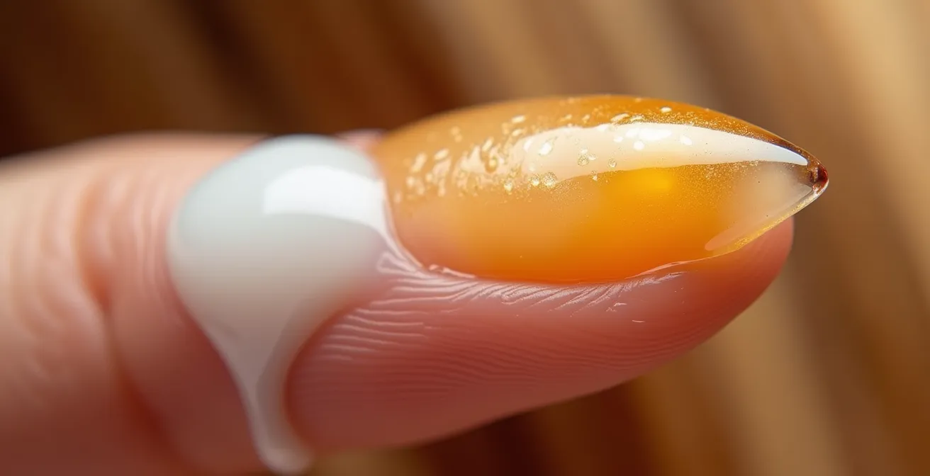 Makroaufnahme von cremigen Haarstyling-Texturen auf Fingerspitzen vor unscharfem Haarhintergrund