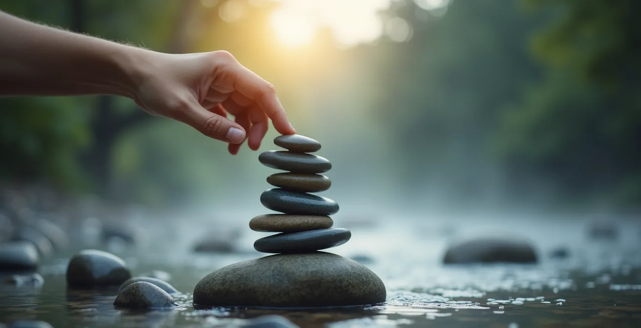 Symbolische Darstellung von innerer Balance durch einen Stapel perfekt ausbalancierter Steine in einer ruhigen Naturumgebung