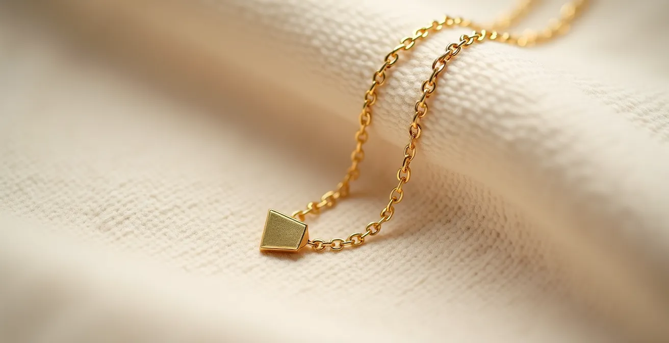 Eine einzelne filigrane Goldkette mit dezentem Anhänger auf hellem Stoff