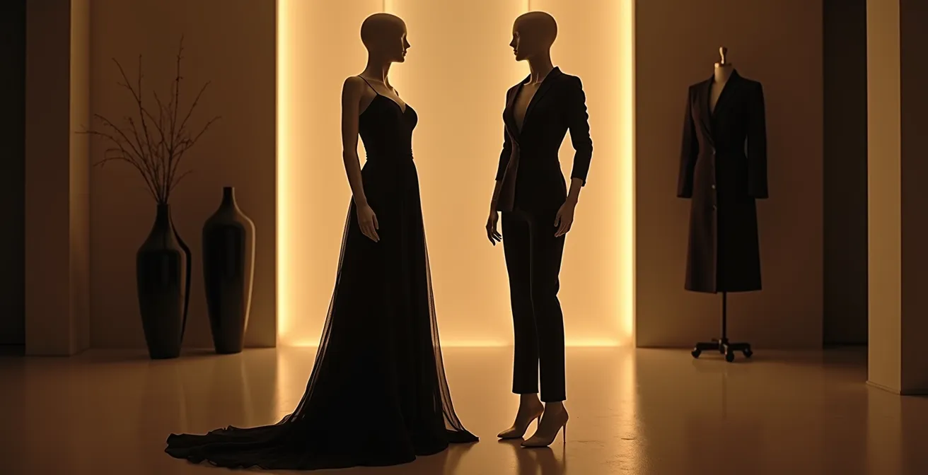 Elegante Abendgarderobe zeigt Kontrast zwischen Kleid und Hosenanzug