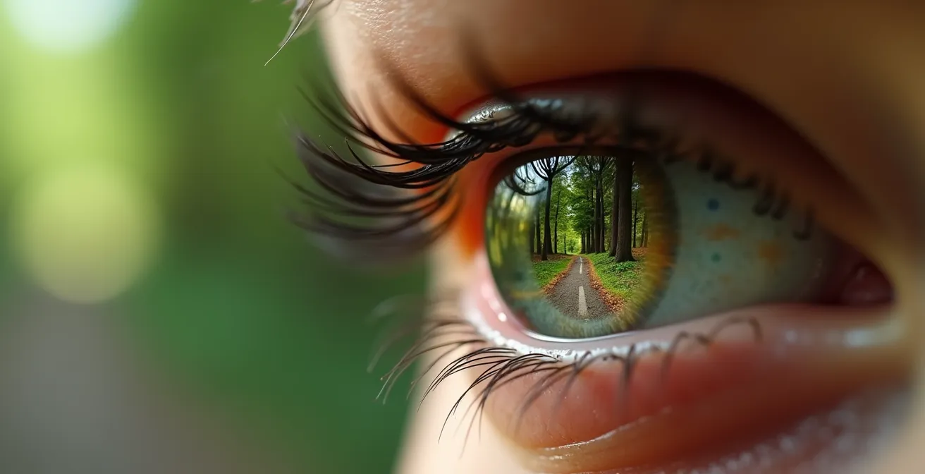 Nahaufnahme eines menschlichen Auges mit reflektierten Baumsilhouetten, die den Optic Flow-Effekt symbolisieren