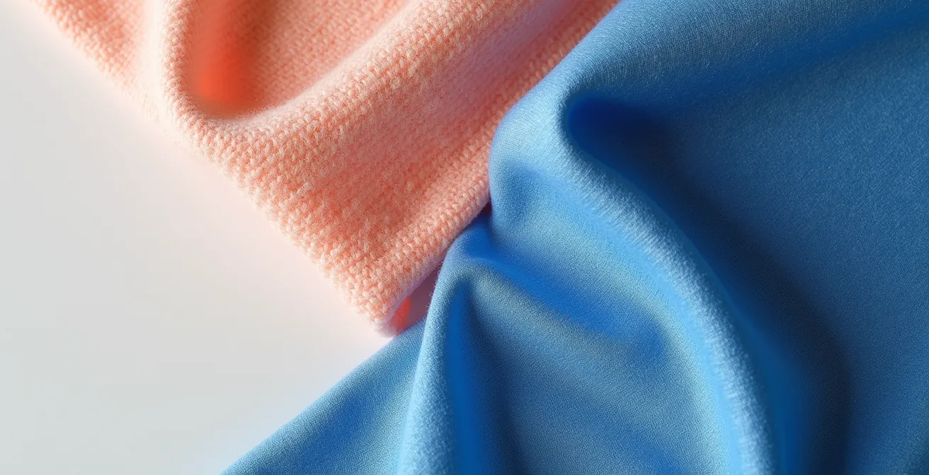 Verschiedene Kleidungsstücke in Peach Fuzz und komplementären Farbtönen arrangiert