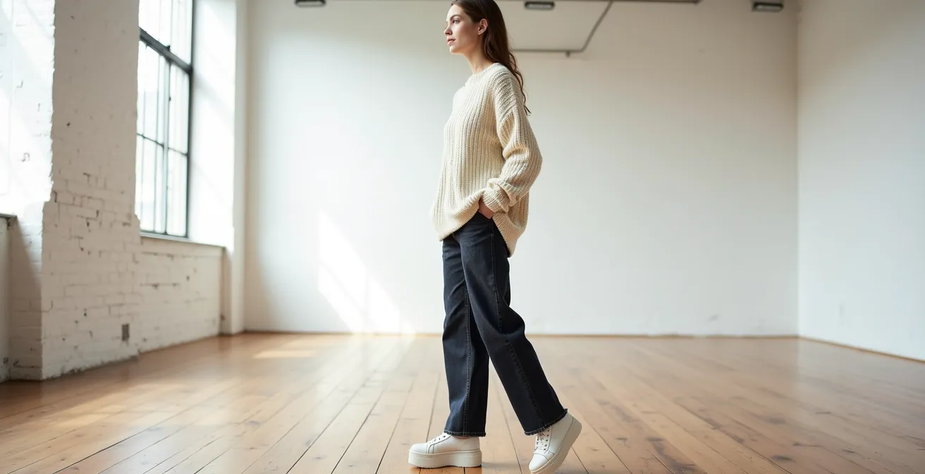 Kleine Frau trägt perfekt proportionierte Oversize-Mode mit High Waist Hose