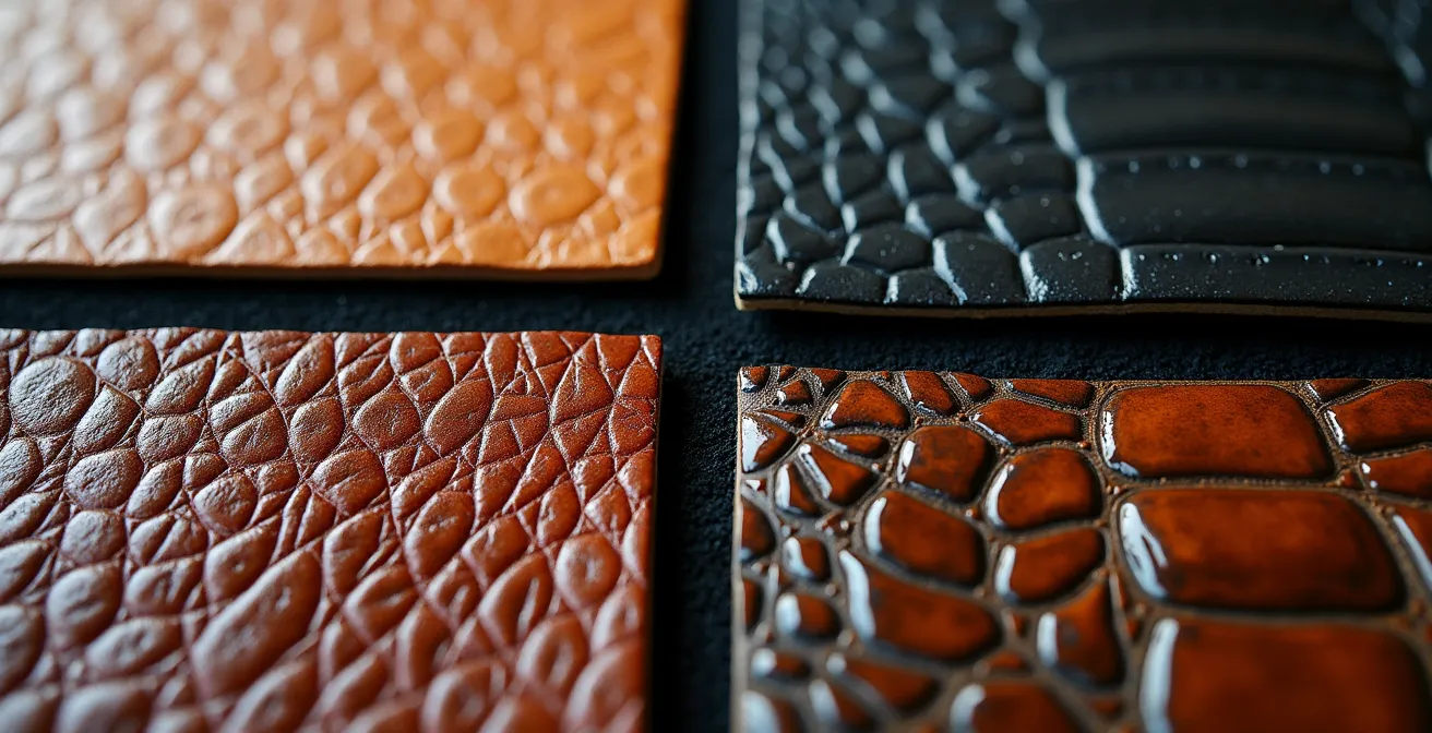 Nahaufnahme verschiedener Luxusledersorten mit charakteristischen Oberflächenstrukturen