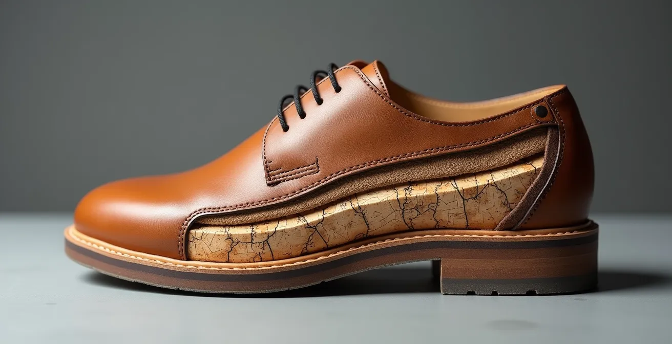 Detaillierter Querschnitt einer rahmengenähten Schuhkonstruktion mit sichtbaren Schichten