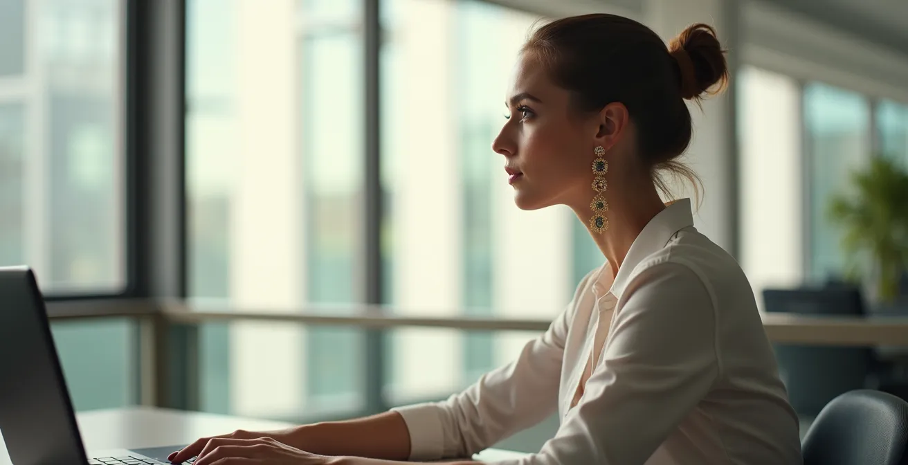 Professionelle Geschäftsfrau mit Statement-Ohrringen in Videokonferenz-Situation