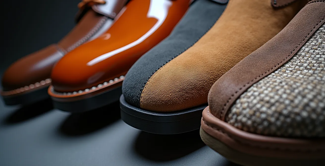 Nahaufnahme verschiedener Schuhtypen die unterschiedliche Emotionen symbolisieren