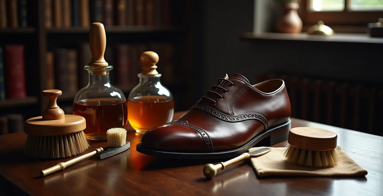 Atmosphärische Szene mit traditionellen Schuhpflegewerkzeugen auf antikem Holztisch