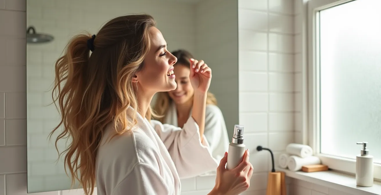 Frau erfrischt ihre Beach Waves mit Texturspray für zweiten Tag
