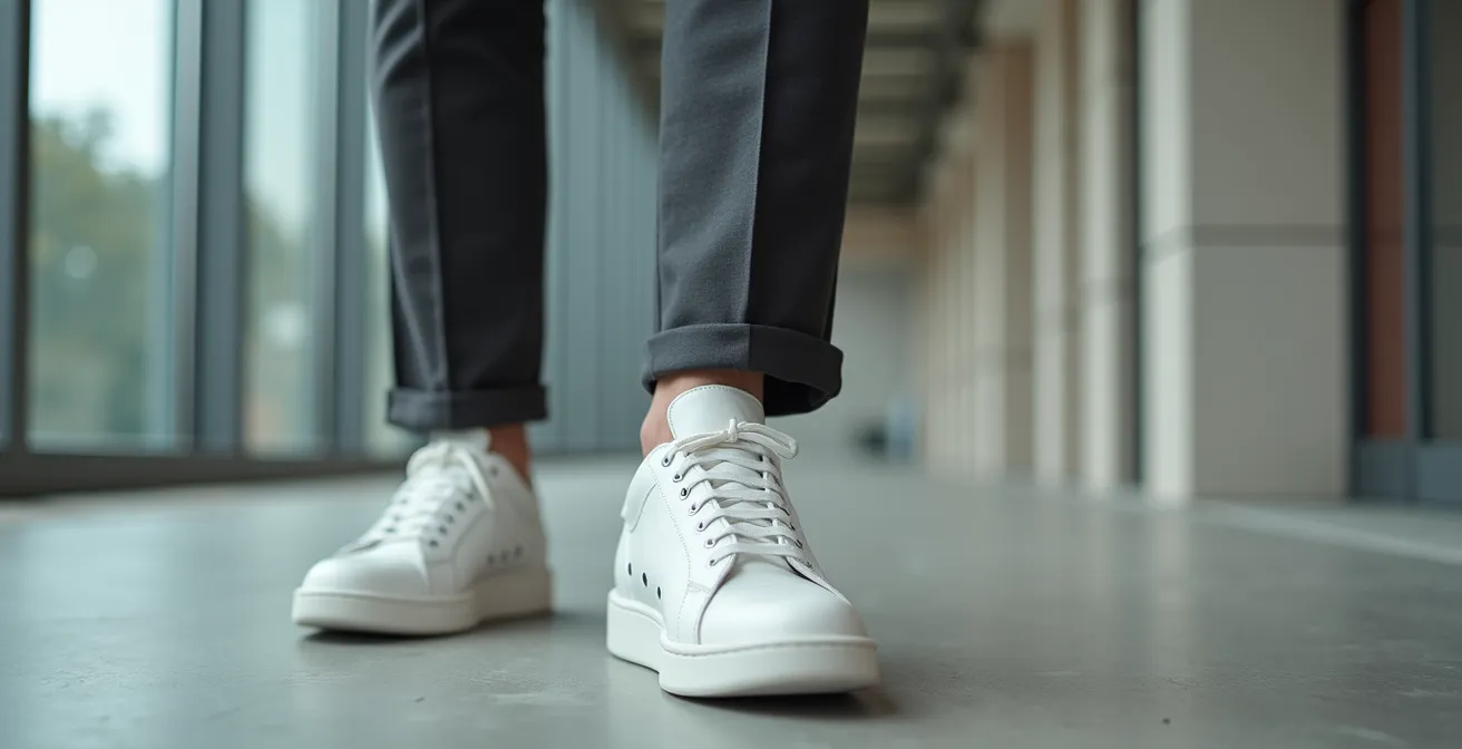 Elegante Kombination von minimalistischen weißen Sneakern mit modernem Anzug
