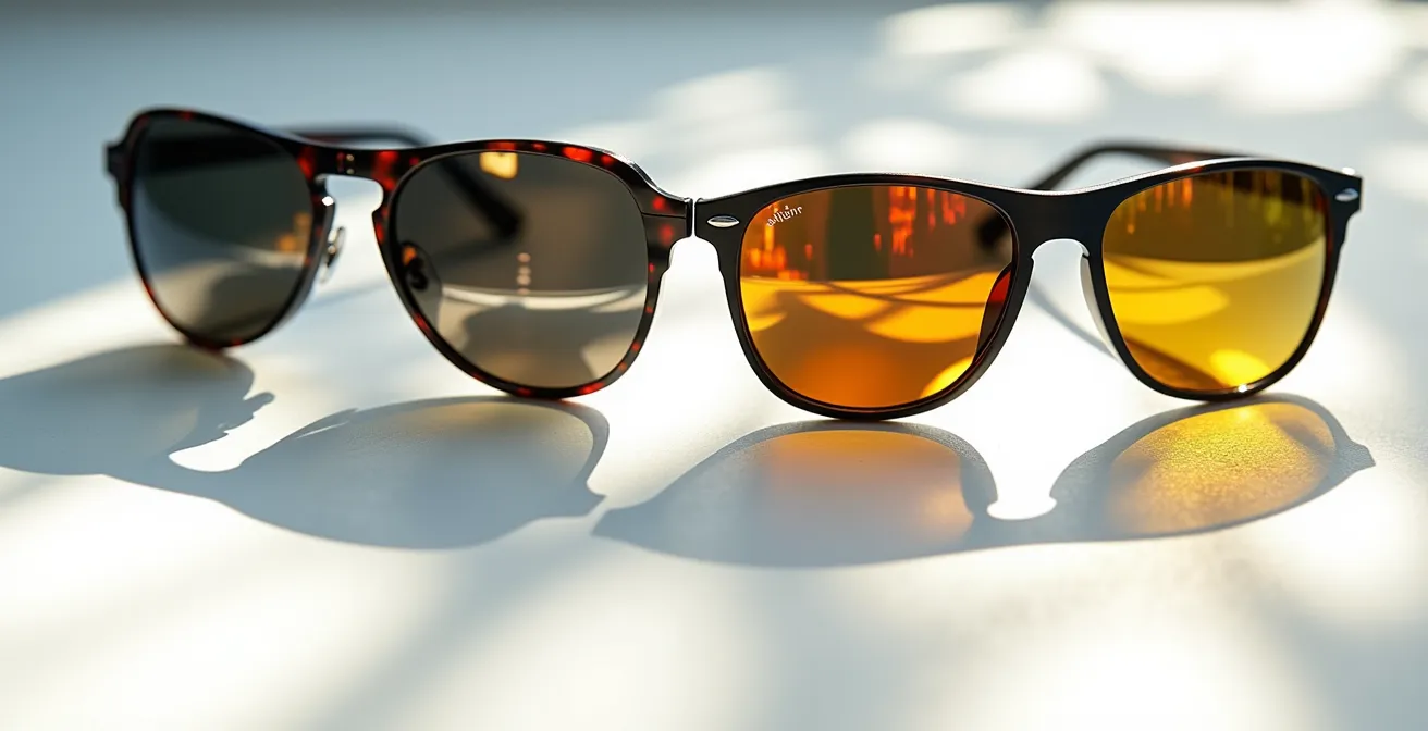 Makroaufnahme verschiedener Sonnenbrillenglastechnologien mit Lichtreflexionen