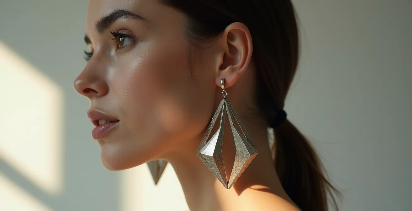 Profilansicht einer Frau mit zurückgestecktem Haar, die dramatische Statement-Ohrringe trägt, die interessante Schatten auf ihren Hals werfen.