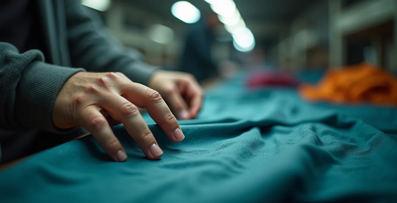 Erschöpfte Textilarbeiterin in späten Arbeitsstunden