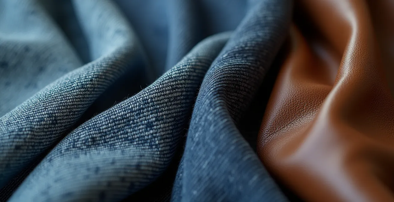 Harmonische Kombination aus einer modernen Seidenbluse und einer Vintage-Jeansjacke mit deutlicher Textur.