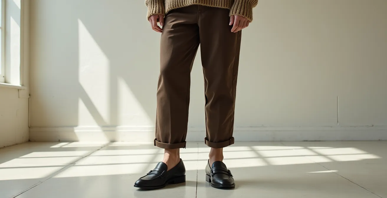 Stilisierte Darstellung verschiedener Schuh-Outfit-Kombinationen die visuelles Gleichgewicht zeigen