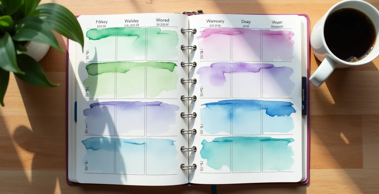 Ein Wochenplaner mit abstrakten Wasserfarben, die die Synergie von Spazierengehen, Yoga und Schwimmen symbolisieren