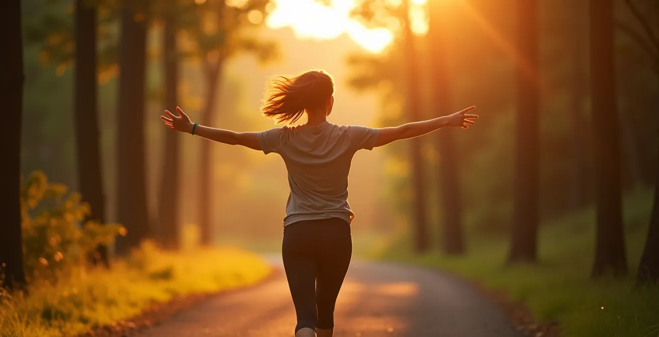 Eine Person in Bewegung auf einem Waldweg bei Sonnenuntergang, die Freiheit und natürliche Energie ausstrahlt.