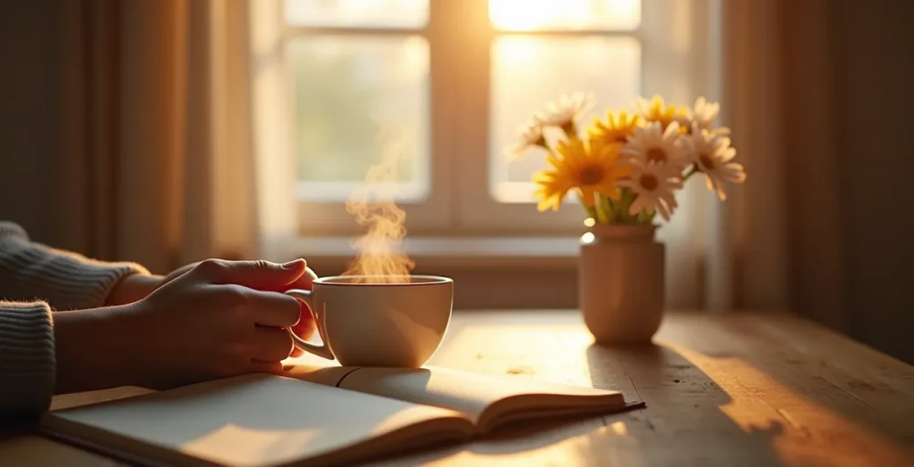 Eine Person schreibt bei sanftem Morgenlicht in ein Dankbarkeitstagebuch, eine Tasse Tee dampft daneben. Eine Person schreibt bei sanftem Morgenlicht in ein Dankbarkeitstagebuch, eine Tasse Tee dampft daneben.