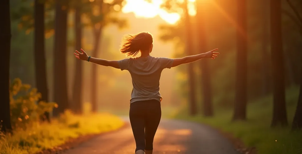 Eine Person in Bewegung auf einem Waldweg bei Sonnenuntergang, die Freiheit und natürliche Energie ausstrahlt. Eine Person in Bewegung auf einem Waldweg bei Sonnenuntergang, die Freiheit und natürliche Energie ausstrahlt.